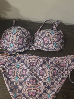 Xhilaration Navy Paisley Bikini with Pink & Teal Accents